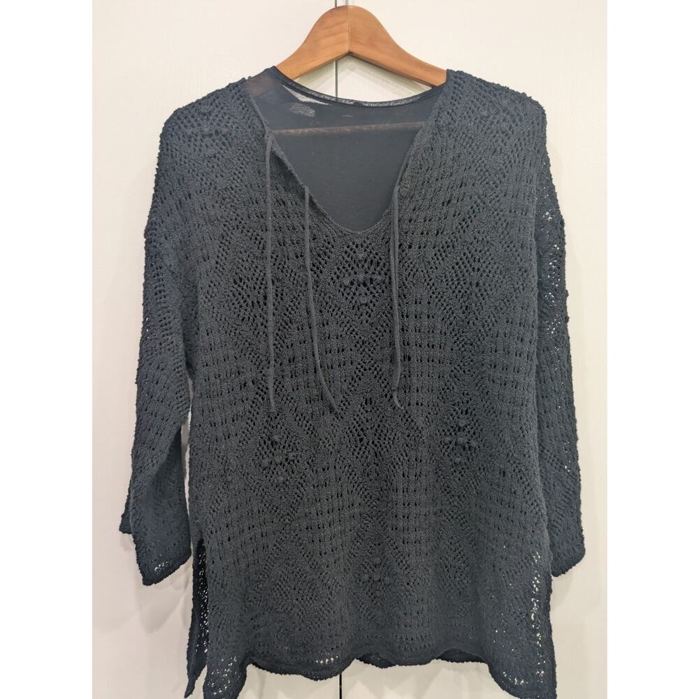 ZARA Black Boho Crochet Sweater S/M Sheer Lining Shirt Festival Tunic Grunge